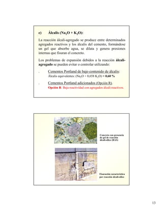 13
e) Álcalis (Na2O + K2O):
La reacción álcali-agregado se produce entre determinados
agregados reactivos y los álcalis del cemento, formándose
un gel que absorbe agua, se dilata y genera presiones
internas que fisuran el concreto.
Los problemas de expansión debidos a la reacción álcali-
agregado se pueden evitar o controlar utilizando:
. Cementos Portland de bajo contenido de álcalis:
Álcalis equivalentes: (Na2O + 0,658 K2O) < 0,60 %
. Cementos Portland adicionados (Opción R).
Opción R: Baja reactividad con agregados álcali-reactivos.
Concreto con presencia
de gel de reacción
álcali-sílice (RAS)
Fisuración característica
por reacción álcali-sílice
 