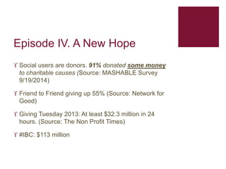Episode IV. A New Hope 
 Social users are donors. 91% donated some money 
to charitable causes (Source: MASHABLE Survey 
...