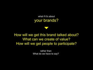 what if it’s about
your brands?
How will we get this brand talked about?
What can we create of value?
How will we get people to participate?
rather than
What do we have to say?