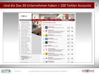 Und die Dax-30 Unternehmen haben > 200 Twitter Accounts                                    4




      21.06.2010   copyri...