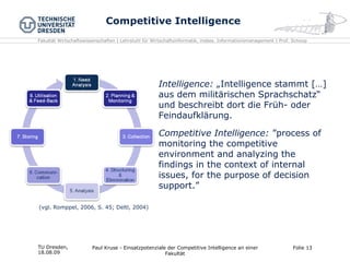 Competitive Intelligence TU Dresden,  18.08.09 Paul Kruse - Einsatzpotenziale der Competitive Intelligence an einer Fakultät Folie  Intelligence:  „Intelligence stammt […] aus dem militärischen Sprachschatz“ und beschreibt dort die Früh- oder Feindaufklärung. Competitive Intelligence:  ”process of monitoring the competitive environment and analyzing the findings in the context of internal issues, for the purpose of decision support.”  (vgl. Romppel, 2006, S. 45; Deltl, 2004)   