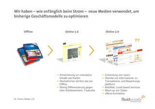 Wir haben – wie anfänglich beim Strom – neue Medien verwendet, um
bisherige Geschäftsmodelle zu optimieren


           Offline             Online 1.0                   Online 2.0


                                                                                     ??




                           Anreicherung um interaktive      Einbindung von Usern
                           Inhalte wie Karten               Wandel von Informations- zu
                           Werbeformen ähnlich wie bei      Transaktions- und Bewertungs-
                           Offline                          plattform
                           Wenig Differenzierung gegen      Mobilität, Local based services
                           über Wettbewerbern, Featuritis   Mash-up von Daten
                                                            offene Architektur

Dr. Patrick Stähler | 22
 