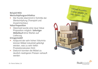 Beispiel IKEA
 Wertschöpfungsarchitektur
     Der Kunde übernimmt 2 Schritte der
     Wertschöpfung (Transport und
     Zusammenbau)
 Value Proposition
     Gleichzeit wurde eine neue Value
     Proposition möglich: Sofortiger
     Möbelkauf ohne Warten auf
     Lieferung
 Ertragsmodell
     Aufgrund der sehr hohen Volumnia
     können Möbel industriell gefertigt
     werden, was zu sehr tiefen
     Produktionskosten führt
     Dadurch konnten die Möbel zu
     deutlich niedrigeren Preisen verkauft
     werden


Dr. Patrick Stähler | 24
 