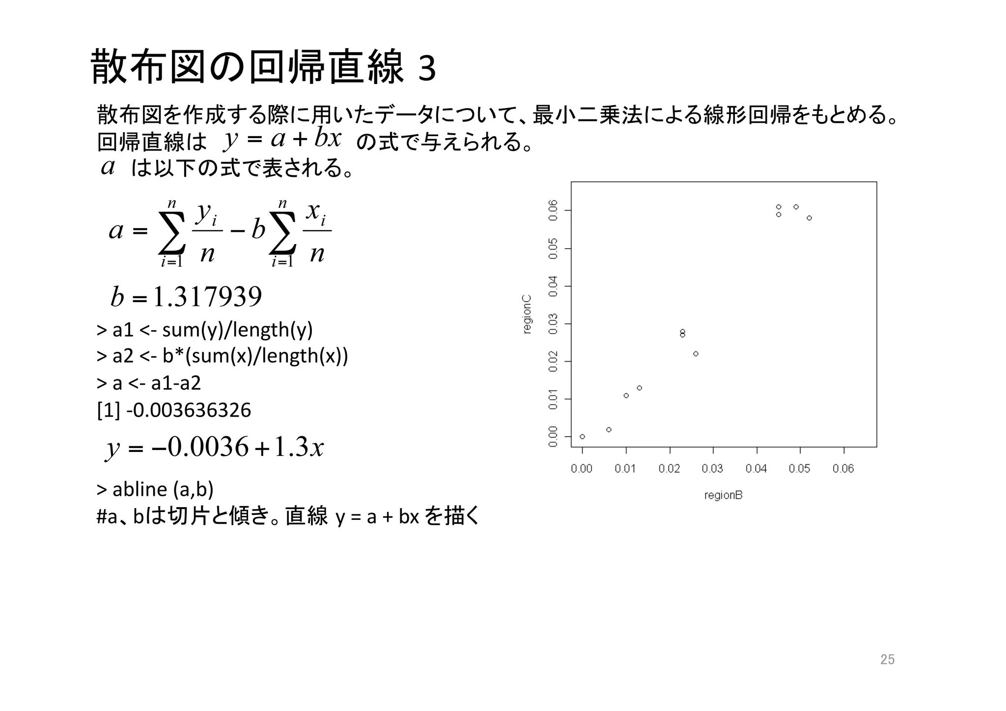 3
                                                  
                                              
                                 




> a1 <‐ sum(y)/length(y) 
> a2 <‐ b*(sum(x)/length(x)) 
> a <‐ a1‐a2 
[1] ‐0.003636326 


> abline (a,b)   
#a b                      y = a + bx      




                                                 
 