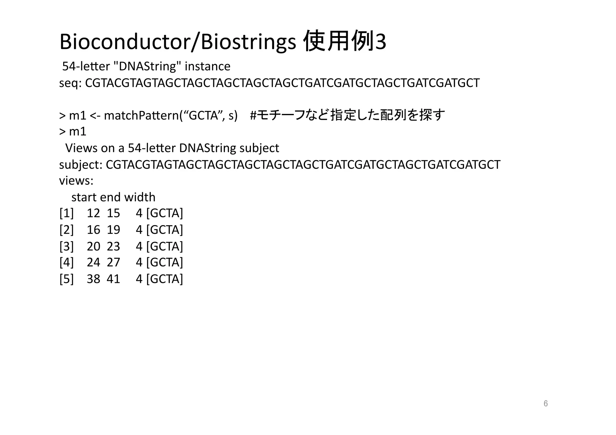 Bioconductor/Biostrings                      3 
 54‐le>er "DNAString" instance 
seq: CGTACGTAGTAGCTAGCTAGCTAGCTAGCTGATCGATGCTAGCTGATCGATGCT 

> m1 <‐ matchPa>ern(“GCTA”, s)  #                       
> m1 
  Views on a 54‐le>er DNAString subject 
subject: CGTACGTAGTAGCTAGCTAGCTAGCTAGCTGATCGATGCTAGCTGATCGATGCT 
views: 
    start end width 
[1]    12  15     4 [GCTA] 
[2]    16  19     4 [GCTA] 
[3]    20  23     4 [GCTA] 
[4]    24  27     4 [GCTA] 
[5]    38  41     4 [GCTA] 




                                                                   
 