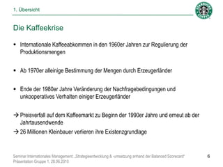 1. Übersicht


Die Kaffeekrise

 Internationale Kaffeeabkommen in den 1960er Jahren zur Regulierung der
  Produktionsmengen

 Ab 1970er alleinige Bestimmung der Mengen durch Erzeugerländer

 Ende der 1980er Jahre Veränderung der Nachfragebedingungen und
  unkooperatives Verhalten einiger Erzeugerländer

 Preisverfall auf dem Kaffeemarkt zu Beginn der 1990er Jahre und erneut ab der
  Jahrtausendwende
 26 Millionen Kleinbauer verlieren ihre Existenzgrundlage


Seminar Internationales Management: „Strategieentwicklung & -umsetzung anhand der Balanced Scorecard“   6
Präsentation Gruppe 1, 28.06.2010
 