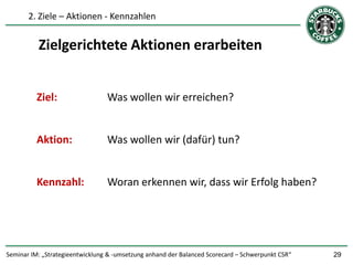 2. Ziele – Aktionen - Kennzahlen


          Zielgerichtete Aktionen erarbeiten


          Ziel:                  Was wollen wir erreichen?


          Aktion:                Was wollen wir (dafür) tun?


          Kennzahl:              Woran erkennen wir, dass wir Erfolg haben?




Seminar IM: „Strategieentwicklung & -umsetzung anhand der Balanced Scorecard – Schwerpunkt CSR“   29
 