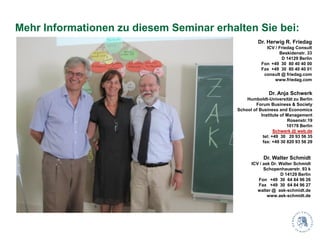 Mehr Informationen zu diesem Seminar erhalten Sie bei:
                                                   Dr. Herwig R. Friedag
                                                       ICV / Friedag Consult
                                                             Beskidenstr. 33
                                                              D 14129 Berlin
                                                     Fon +49 30 80 40 40 00
                                                     Fax +49 30 80 40 40 01
                                                      consult @ friedag.com
                                                           www.friedag.com


                                                         Dr. Anja Schwerk
                                              Humboldt-Universität zu Berlin
                                                  Forum Business & Society
                                          School of Business and Economics
                                                     Institute of Management
                                                                  Rosenstr.19
                                                                  10178 Berlin
                                                            Schwerk @ web.de
                                                      tel: +49 30 20 93 56 35
                                                      fax: +49 30 820 93 56 29


                                                      Dr. Walter Schmidt
                                                ICV / ask Dr. Walter Schmidt
                                                      Schopenhauerstr. 93 k
                                                              D 14129 Berlin
                                                   Fon +49 30 64 84 96 26
                                                   Fax +49 30 64 84 96 27
                                                   walter @ ask-schmidt.de
                                                        www.ask-schmidt.de
 