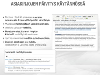 ASIAKIRJOJEN PÄIVITYS KÄYTÄNNÖSSÄ

‣ Tiimi voi päivittää asiakirjaa suoraan
  selaimesta ilman sähköpostin lähettelyä.
‣ Muutokset tallennetaan versiohistoriaan.
‣ Versioita voidaan vertailla.
‣ Muutosehdotuksia on helppo
  käsitellä ja sisällyttää asiakirjaan.
‣ Kannatusten määrä auttaa priorisoinnissa.
‣ Valmiin asiakirjan voi lukita,
  jolloin siihen ei voi enää lisätä ehdotuksia.
 