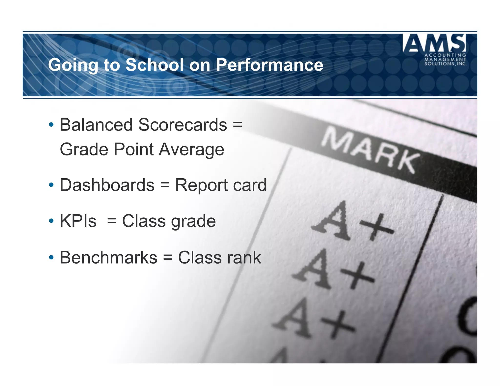 Going to School on Performance


•  Balanced Scorecards =
   Grade Point Average

•  Dashboards = Report card

•  KPIs = Class grade

•  Benchmarks = Class rank
 