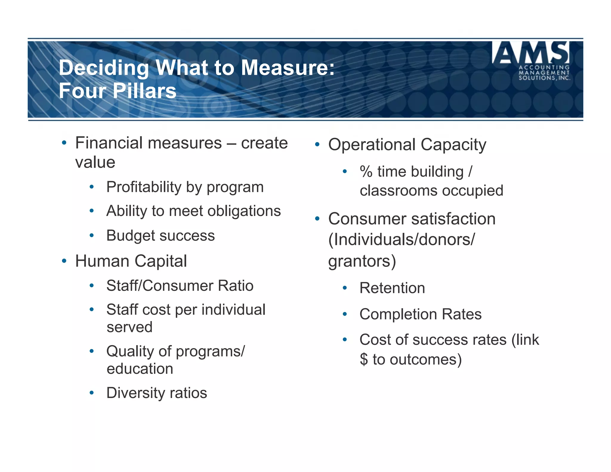 Deciding What to Measure:
Four Pillars

•  Financial measures – create      •  Operational Capacity
   value
                                       •  % time building /
   •  Profitability by program            classrooms occupied
   •  Ability to meet obligations
                                    •  Consumer satisfaction
   •  Budget success                   (Individuals/donors/
•  Human Capital                       grantors)
   •  Staff/Consumer Ratio             •  Retention
   •  Staff cost per individual        •  Completion Rates
      served
                                       •  Cost of success rates (link
   •  Quality of programs/
                                          $ to outcomes)
      education
   •  Diversity ratios
 