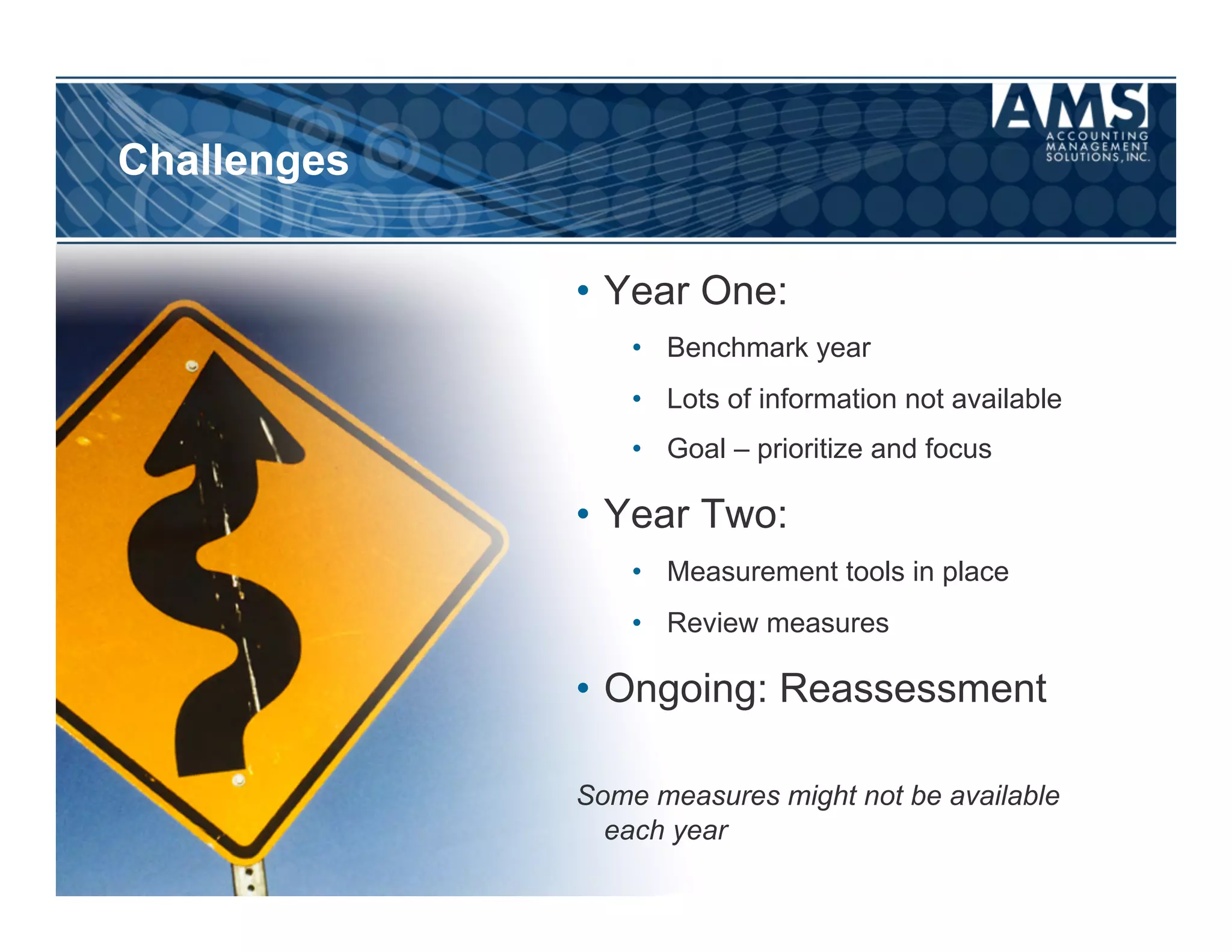 Challenges

             •  Year One:
                 •  Benchmark year
                 •  Lots of information not available
                 •  Goal – prioritize and focus

             •  Year Two:
                 •  Measurement tools in place
                 •  Review measures

             •  Ongoing: Reassessment

             Some measures might not be available
               each year
 