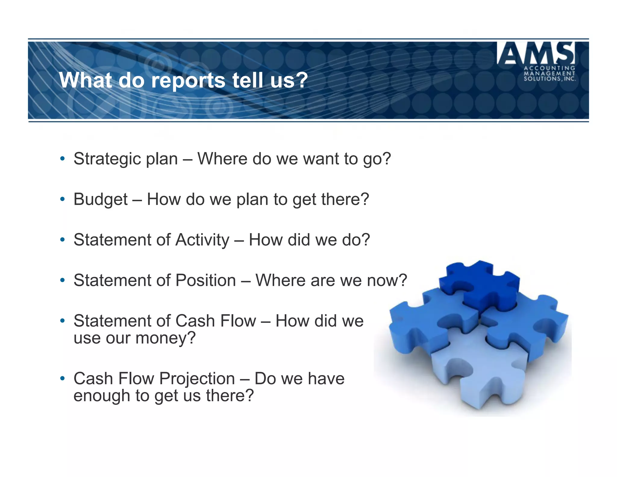 What do reports tell us?


•  Strategic plan – Where do we want to go?

•  Budget – How do we plan to get there?

•  Statement of Activity – How did we do?

•  Statement of Position – Where are we now?

•  Statement of Cash Flow – How did we
   use our money?

•  Cash Flow Projection – Do we have
   enough to get us there?
 
