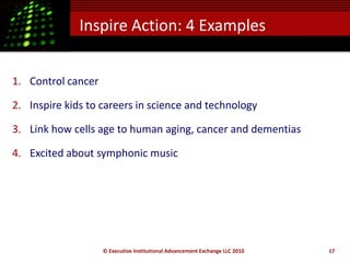 Inspire Action: 4 Examples


1. Control cancer

2. Inspire kids to careers in science and technology

3. Link how cells ag...