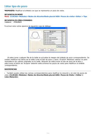 Editar tipo de pozo
PROPOSITO: Modificar el símbolo con que se representa un pozo de visita.

SECUENCIA EN MENÚ:
Menú CivilCAD> Módulos> Redes de Alcantarillado pluvial ADS> Pozos de visita> Editar > Tipo

SECUENCIA EN LÍNEA COMANDO:
Command: -PVBLKADS

Al activar esta rutina aparece la siguiente caja de diálogo:




    Al seleccionar cualquier fila de la tabla se actualiza la imagen del símbolo de pozo correspondiente. Se
pueden modificar los datos de la tabla como el tipo de pozo y clave. El botón 'Resetear valores' es para
reestablecer los valores originales en la tabla. Después de seleccionar el tipo de pozo de la lista y
seleccionar el botón de 'Aceptar' deberán seleccionarse los pozos de visita para modificar el símbolo
correspondiente.

SUGERENCIAS:

 También puede utilizar las rutinas correspondientes para modificar la rotación y el color de pozos de
visita (CivilCAD> Módulos> Redes de Alcantarillado pluvial ADS> Pozos de Visita > Editar >
Color/Rotación)




                                                     366
 