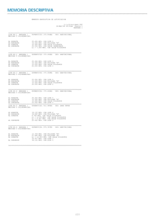 MEMORIA DESCRIPTIVA

                        MEMORIA DESCRIPTIVA DE LOTIFICACION


                                                               C:r13winDESC.TXT
                                                       28/MAY/98 09:55am Pagina 1
                                                                         MANZANA 1


===========================================================================
LOTE NO.1 MANZANA 1     SUPERFICIE: 370.654M2   USO: HABITACIONAL
MEDIDAS Y COLINDANCIAS:


AL   NORESTE            25.000 MTS. CON       LOTE 2
AL   NOROESTE           15.000 MTS. CON       POLIGONO "A"
AL   SURESTE            10.500 MTS. CON       CALLE FILOSOFOS
AL   SUROESTE           20.500 MTS. CON       CALLE INGENIEROS
                        Lc = 7.069 MTS.       CON CALLE FILOSOFOS


===========================================================================
LOTE NO.2 MANZANA 1     SUPERFICIE: 375.000M2   USO: HABITACIONAL
MEDIDAS Y COLINDANCIAS:


AL   NORESTE            25.000   MTS.   CON   LOTE 3
AL   NOROESTE           15.000   MTS.   CON   POLIGONO "A"
AL   SURESTE            15.000   MTS.   CON   CALLE FILOSOFOS
AL   SUROESTE           25.000   MTS.   CON   LOTE 1


===========================================================================
LOTE NO.3 MANZANA 1     SUPERFICIE: 375.000M2   USO: HABITACIONAL
MEDIDAS Y COLINDANCIAS:


AL   NORESTE            25.000   MTS.   CON   LOTE 4
AL   NOROESTE           15.000   MTS.   CON   POLIGONO "A"
AL   SURESTE            15.000   MTS.   CON   CALLE FILOSOFOS
AL   SUROESTE           25.000   MTS.   CON   LOTE 2


===========================================================================
LOTE NO.4 MANZANA 1     SUPERFICIE: 375.000M2   USO: HABITACIONAL
MEDIDAS Y COLINDANCIAS:


AL NORESTE              25.000 MTS. CON LOTE 5
AL NOROESTE             15.000 MTS. CON POLIGONO "A"
AL SURESTE              15.000 MTS. CON CALLE FILOSOFOS
AL SUROESTE             25.000 MTS. CON LOTE 3
===========================================================================
LOTE NO.5 MANZANA 1     SUPERFICIE: 412.985M2   USO: AREA VERDE
MEDIDAS Y COLINDANCIAS:


AL NORESTE              18.132 MTS. CON LOTE 6
AL NOROESTE             18.065 MTS. CON POLIGONO "A"
AL SURESTE              6.760 MTS. CON CALLE FILOSOFOS
                        Lc = 4.478 MTS. CON CALLE FILOSOFOS
                        Lc = 9.067 MTS. CON CALLE FILOSOFOS
AL SUROESTE             25.000 MTS. CON LOTE 4


===========================================================================
LOTE NO.6 MANZANA 1     SUPERFICIE: 479.367M2   USO: HABITACIONAL
MEDIDAS Y COLINDANCIAS:


AL NORESTE              12.709 MTS.     CON POLIGONO "A"
AL NOROESTE             21.480 MTS.     CON POLIGONO "A"
AL SURESTE              Lc = 16.903     MTS. CON CALLE FILOSOFOS
                        19.457 MTS.     CON LOTE 7
AL SUROESTE             18.132 MTS.     CON LOTE 5


===========================================================================




                                                                          489
 