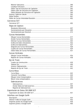 Mostrar Subcuenca...................................................................................................................... 390
    Localizar Estructura..................................................................................................................... 391
    Editar Tipo de Estructura de Captación ................................................................................... 392
    Editar Color de Estructura de Captación.................................................................................. 393
    Editar Rotación de Estructura de Captación............................................................................ 394
  Generar Tabla de Cálculo ............................................................................................................... 395
  Editar Perfiles.................................................................................................................................... 401
  Editor de Curvas Intensidad-Duración.......................................................................................... 402
Carreteras SCT
  Carreteras SCT ................................................................................................................................. 405
  Hojas de Captura
      Nivelación Diferencial ................................................................................................................. 407
      Seccionamiento por Elevación................................................................................................... 409
      Seccionamiento por Desnivel .................................................................................................... 413
  Curvas Horizontales
      Dibujar Curvas Horizontales...................................................................................................... 417
      Anotar Curvas Horizontales....................................................................................................... 423
      Eliminar Curvas Horizontales .................................................................................................... 425
      Gráfica de Sobre-elevaciones .................................................................................................... 426
      Gráfica de Sobreanchos.............................................................................................................. 427
      Diagrama de Curvas Horizontales ............................................................................................ 428
      Cuadro de Curvas Horizontales................................................................................................. 429
      Editar Datos de Curvas Horizontales........................................................................................ 431
  Curvas Verticales
      Dibujar Curvas Verticales........................................................................................................... 436
      Reporte de Curvas Verticales..................................................................................................... 438
  Eje de Trazo
      Cuadro de Construcción............................................................................................................. 439
      Separar Eje................................................................................................................................... 440
      Invertir Cadenamiento................................................................................................................ 441
      Reporte de Eje de Trazo ............................................................................................................ 442
  Curva Masa
      Curva Masa................................................................................................................................... 443
      Convertir Curva Masa ................................................................................................................. 444
      Dibujar Línea Compensadora.................................................................................................... 445
      Mover Línea compensadora....................................................................................................... 446
      Sobreacarreos
          Sobreacarreos.......................................................................................................................... 447
          Anotar Datos de Sobreacarreos............................................................................................ 448
          Reporte de Sobreacarreos ..................................................................................................... 449
Exportación de Datos CM 2009 SCT
  Exportación de Datos CM 2009 SCT............................................................................................. 451
Interfase con Google Earth
  Descripción........................................................................................................................................ 454
  Obtener malla de Google Earth ..................................................................................................... 456
  Importar puntos de Google Earth ................................................................................................. 458
  Exportar puntos a Google Earth                         ............................................................................................ 460

                                                                      7
 