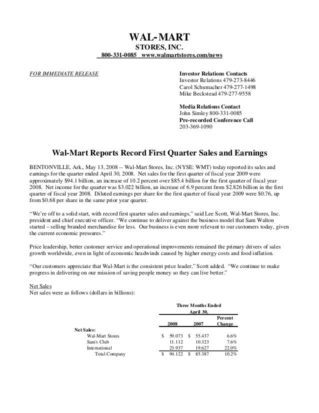 Wal Mart Store Quarterly Earnings Releases2009