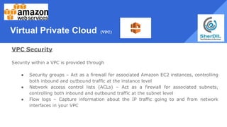 Virtual Private Cloud (VPC)
VPC Security
Security within a VPC is provided through
● Security groups – Act as a firewall for associated Amazon EC2 instances, controlling
both inbound and outbound traffic at the instance level
● Network access control lists (ACLs) – Act as a firewall for associated subnets,
controlling both inbound and outbound traffic at the subnet level
● Flow logs – Capture information about the IP traffic going to and from network
interfaces in your VPC
 