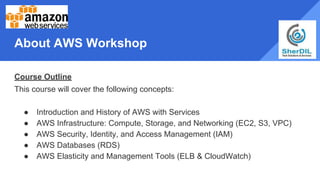 About AWS Workshop
Course Outline
This course will cover the following concepts:
● Introduction and History of AWS with Services
● AWS Infrastructure: Compute, Storage, and Networking (EC2, S3, VPC)
● AWS Security, Identity, and Access Management (IAM)
● AWS Databases (RDS)
● AWS Elasticity and Management Tools (ELB & CloudWatch)
 