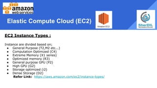 Elastic Compute Cloud (EC2)
EC2 Instance Types :
Instance are divided based on;
● General Purpose (T2,M2 etc...)
● Computation Optimized (C4)
● Extreme Memory (X1 series)
● Optimized memory (R3)
● General purpose GPU (P2)
● High GPU (G2)
● Storage optimized (i2)
● Dense Storage (D2)
Refer Link: https://aws.amazon.com/ec2/instance-types/
 