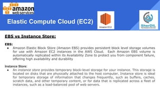 Elastic Compute Cloud (EC2)
EBS vs Instance Store:
EBS:
● Amazon Elastic Block Store (Amazon EBS) provides persistent block level storage volumes
for use with Amazon EC2 instances in the AWS Cloud. Each Amazon EBS volume is
automatically replicated within its Availability Zone to protect you from component failure,
offering high availability and durability
Instance Store:
● An instance store provides temporary block-level storage for your instance. This storage is
located on disks that are physically attached to the host computer. Instance store is ideal
for temporary storage of information that changes frequently, such as buffers, caches,
scratch data, and other temporary content, or for data that is replicated across a fleet of
instances, such as a load-balanced pool of web servers.
 