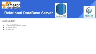 Relational DataBase Server
Hand-On Lab:
● Create DB Subnet group
● C reate RDS
● Check AZ
 