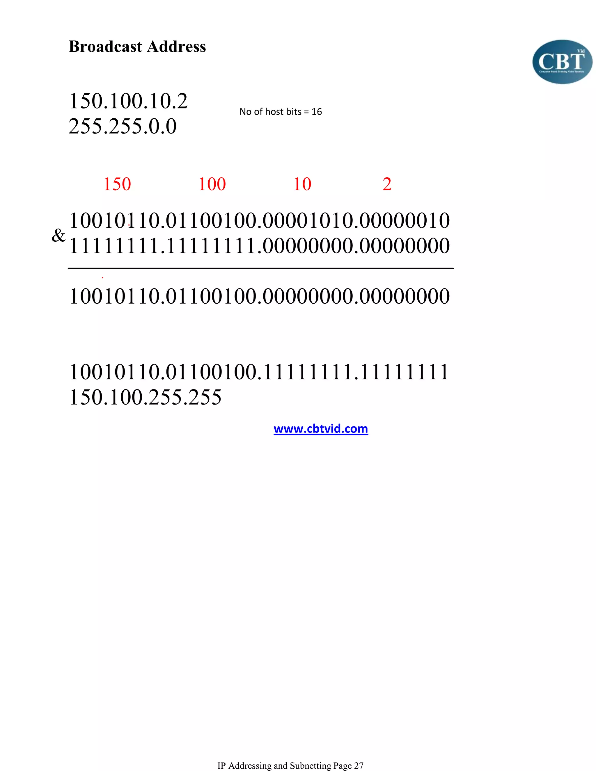 Broadcast Address


    150.100.10.2             No of host bits = 16
    255.255.0.0

        150        100                    10                   2
    10010110.01100100.00001010.00000010
&
    11111111.11111111.00000000.00000000

    10010110.01100100.00000000.00000000


    10010110.01100100.11111111.11111111
    150.100.255.255
                                     www.cbtvid.com




                        IP Addressing and Subnetting Page 27
 