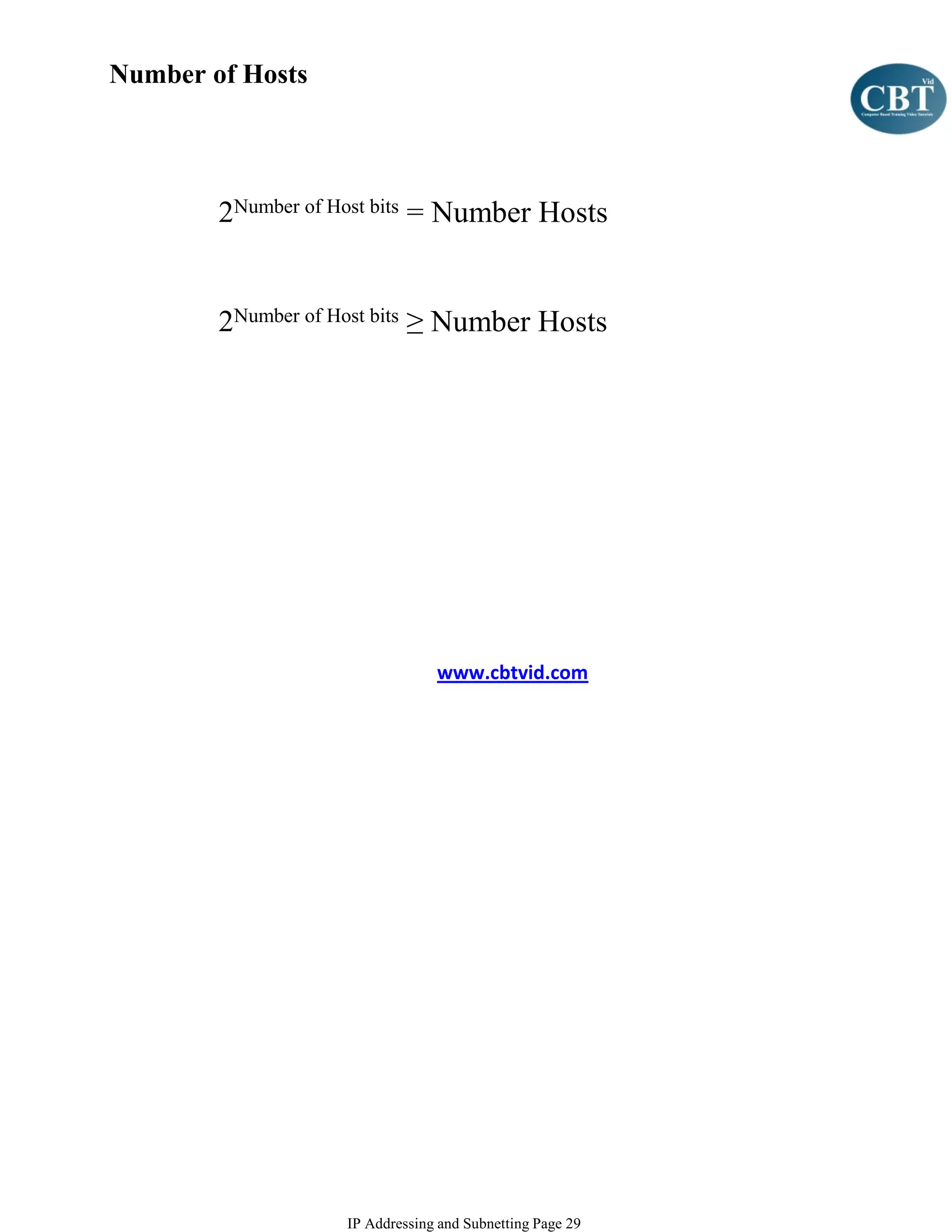 Number of Hosts




        2Number of Host bits = Number Hosts


        2Number of Host bits ≥ Number Hosts




                                www.cbtvid.com




                   IP Addressing and Subnetting Page 29
 