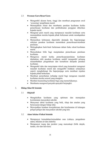 2.3   Peranan Guru Besar/Guru

           •   Mengambil ukuran berat, tinggi dan membuat pengesanan awal
               ‘screening’ penglihatan murid.
           •   Menunjukkan minat dan membantu pasukan kesihatan ketika
               pemeriksaan kesihatan dan perkhidmatan pergigian diberikan
               kepada murid.
           •   Mengenal pasti murid yang mempunyai masalah kesihatan serta
               menunjukkan mereka kepada pihak berkenaan untuk mendapatkan
               rawatan.
           •   Memastikan kebenaran diperolehi daripada ibu bapa/penjaga
               sebelum pasukan kesihatan memulakan pemeriksaan/membuat
               penilaian.
           •   Melengkapkan butir-butir berkenaan dalam buku rekod kesihatan
               murid.
           •   Menyediakan bilik bagi menjalankan pemeriksaan penilaian
               kesihatan.
           •   Mengawas murid ketika pemeriksaan/penilaian kesihatan
               dijalankan oleh pasukan kesihatan sambil mengambil peluang
               menambahkan pengetahuan dan kemahiran daripada pasukan
               kesihatan.
           •   Mengambil tahu dan menyimpan rekod yang kemaskini mengenai
               masalah kesihatan murid dan mengambil tindakan selanjutnya
               seperti menghubungi ibu bapa/penjaga serta membuat rujukan
               kepada pihak berkenaan.
           •   Membuat pemerhatian terhadap murid bagi mengesan masalah
               kesihatan mereka seawal yang mungkin.
           •   Memberi kaunseling kesihatan bagi yang memerlukannya.
           •   Membantu mengawal penyakit-penyakit berjangkit.

3.   Hidup Sihat Di Sekolah

     3.1   Objektif

           •   Mengekalkan kesihatan yang optimum dan memajukan
               keselamatan masyarakat sekolah.
           •   Menyemai tabiat kesihatan yang baik, sikap dan amalan yang
               bersesuaian dengan hidup sihat.
           •   Mewujudkan keadaan kesejahteraan dan keselamatan di kalangan
               pelajar-pelajar dan masyarakat sekolah yang lain.

     3.2   Alam Sekitar Fizikal Sekolah

           •   Mempunyai kemudahan-kemudahan asas (cahaya, pengedaran
               udara, bekalan air dan elektrik)
           •   Mempunyai ruang dan perabot yang mencukupi (bilik darjah,
               tandas, stor dan lain-lain).



                                    18
 