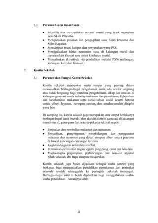 6.3   Peranan Guru Besar/Guru

           •   Memilih dan menyediakan senarai murid yang layak menerima
               susu Skim Percuma.
           •   Menguruskan pesanan dan pengagihan susu Skim Percuma dan
               Skim Bayaran.
           •   Menyimpan rekod kutipan dan penyerahan wang PSS.
           •   Menggalakkan tabiat meminum susu di kalangan murid dan
               menekankan khasiat susu untuk kesihatan murid.
           •   Menjalankan aktiviti-aktiviti pendidikan melalui PSS (kraftangan,
               karangan, kuiz dan lain-lain).

7.   Kantin Sekolah

     7.1   Peranan dan Fungsi Kantin Sekolah

           Kantin sekolah merupakan suatu tempat yang penting dalam
           mewujudkan berbagai-bagai pengalaman sama ada secara langsung
           atau tidak langsung bagi membina pengetahuan, sikap dan amalan di
           kalangan generasi muda terhadap makanan dan pemakanan, kebersihan
           dan keselamatan makanan serta tabiat-tabiat sosial seperti beratur
           untuk diberi layanan, bersopan santun, dan amalan-amalan disiplin
           yang lain.

           Di samping itu, kantin sekolah juga merupakan satu tempat berlakunya
           berbagai-bagai jenis interaksi dan aktiviti-aktiviti sama ada di kalangan
           murid-murid, guru-guru dan pekerja-pekerja sekolah seperti:

           •   Penjualan dan pembelian makanan dan minuman.
           •   Penyediaan, penyimpanan, penghidangan dan penggunaan
               makanan dan minuman yang dijual ataupun diberi secara percuma
               di bawah rancangan-rancangan tertentu.
           •   Kegiatan-kegiatan rehat dan istirehat.
           •   Permainan-permainan ringan seperti ping pong, catur dan lain-lain.
           •   Majlis-majlis perjumpaan, perbincangan dan lain-lain anjuran
               pihak sekolah, ibu bapa ataupun masyarakat.

           Kantin sekolah juga boleh dijadikan sebagai suatu sumber yang
           berkesan bagi menggalakkan pendidikan pemakanan dari peringkat
           sekolah rendah sehinggalah ke peringkat sekolah menengah.
           Berbagai-bagai aktiviti boleh dijalankan bagi menggalakkan usaha-
           usaha pendidikan. Antaranya ialah:




                                      21
 