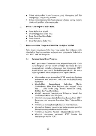 •     Untuk meringankan beban kewangan yang ditanggung oleh ibu
           bapa/penjaga yang kurang mampu.
     •     Untuk memastikan murid/pelajar daripada keluarga kurang mampu
           tidak tercicir dalam pelajaran mereka.

2.   Dasar Skim Pinjaman Buku Teks

     •     Dasar Kelayakan Murid
     •     Dasar Penggunaan Buku Teks
     •     Dasar Pemilihan Buku Teks
     •     Dasar Gantian
     •     Dasar Pertukaran Buku Teks

3.   Pelaksanaan dan Pengurusan SPBT Di Peringkat Sekolah

     Satu sistem pengurusan buku teks yang cekap dan berkesan perlu
     diwujudkan bagi memastikan penjagaan dan pengawalan buku-buku
     teks SPBT baik dan sempurna.

     3.1      Peranan Guru Besar/Pengetua

              SPBT perlu diberi keutamaan dalam pengurusan sekolah. Guru
              Besar/Pengetua sekolah hendak memberi kesedaran dan rasa
              tanggungjawab terhadap pelaksanaan dan pengurusan SPBT
              kepada semua guru, murid dan kakitangan sekolah. Di antara
              tugas-tugas Guru Besar/Pengetua adalah seperti berikut:

              •   Mengadakan semua kemudahan SPBT seperti stor, bantuan
                  perkeranian, fail, buku stok, cop SPBT dan borang-borang
                  maklumat.
              •   Menubuhkan         Jawatankuasa     Kelayakan     Murid,
                  Jawatankuasa Khas Mata Pelajaran dan melantik Guru
                  SPBT.     Guru SPBT yang dilantik hendaklah cekap,
                  dedikasi dan ‘cepat bertindak’.
              •   Menjadi pengerusi Jawatankuasa Kelayakan Murid dan
                  Jawatankuasa Khas Mata Pelajaran.
              •   Memberi penerangan kepada Penolong Kanan, Guru SPBT
                  dan semua guru mengenai dasar-dasar Skim Pinjaman Buku
                  Teks.
              •   Memastikan Borang-borang Kelayakan murid diproses.
              •   Memastikan bekalan buku teks daripada pengedar/penerbit
                  dan menandatangani akaun serahan/invois.
              •   Memastikan buku teks Pasaran Terbuka mudah diperolehi.
              •   Memberi penerangan mengenai SPBT kepada ibu
                  bapa/penjaga melalui PIBG.




                                28
 