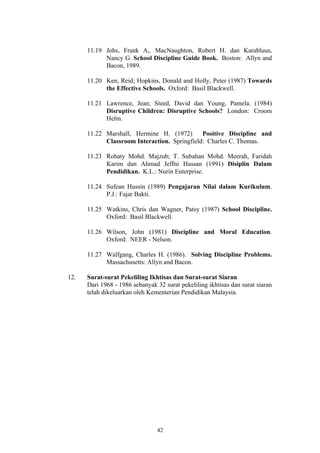 11.19 Johs, Frank A,. MacNaughton, Robert H. dan Karabluus,
            Nancy G. School Discipline Guide Book. Boston: Allyn and
            Bacon, 1989.

      11.20 Ken, Reid; Hopkins, Donald and Holly, Peter (1987) Towards
            the Effective Schools. Oxford: Basil Blackwell.

      11.21 Lawrence, Jean; Steed, David dan Young, Pamela. (1984)
            Disruptive Children: Disruptive Schools? London: Croom
            Helm.

      11.22 Marshall, Hermine H. (1972)       Positive Discipline and
            Classroom Interaction. Springfield: Charles C. Thomas.

      11.23 Rohaty Mohd. Majzub; T. Subahan Mohd. Meerah, Faridah
            Karim dan Ahmad Jeffni Hassan (1991) Disiplin Dalam
            Pendidikan. K.L.: Nurin Enterprise.

      11.24 Sufean Hussin (1989) Pengajaran Nilai dalam Kurikulum.
            P.J.: Fajar Bakti.

      11.25 Watkins, Chris dan Wagner, Patsy (1987) School Discipline.
            Oxford: Basil Blackwell.

      11.26 Wilson, John (1981) Discipline and Moral Education.
            Oxford: NEER - Nelson.

      11.27 Walfgang, Charles H. (1986). Solving Discipline Problems.
            Massachusetts: Allyn and Bacon.

12.   Surat-surat Pekeliling Ikhtisas dan Surat-surat Siaran
      Dari 1968 - 1986 sebanyak 32 surat pekeliling ikhtisas dan surat siaran
      telah dikeluarkan oleh Kementerian Pendidikan Malaysia.




                                42
 