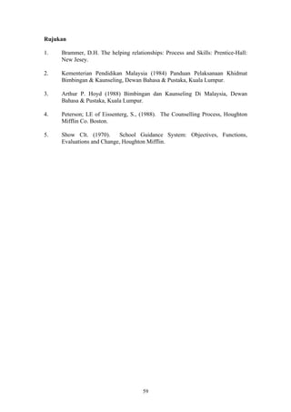 Rujukan

1.   Brammer, D.H. The helping relationships: Process and Skills: Prentice-Hall:
     New Jesey.

2.   Kementerian Pendidikan Malaysia (1984) Panduan Pelaksanaan Khidmat
     Bimbingan & Kaunseling, Dewan Bahasa & Pustaka, Kuala Lumpur.

3.   Arthur P. Hoyd (1988) Bimbingan dan Kaunseling Di Malaysia, Dewan
     Bahasa & Pustaka, Kuala Lumpur.

4.   Peterson; LE of Eissenterg, S., (1988). The Counselling Process, Houghton
     Mifflin Co. Boston.

5.   Show Clt. (1970).      School Guidance System: Objectives, Functions,
     Evaluations and Change, Houghton Mifflin.




                                     59
 