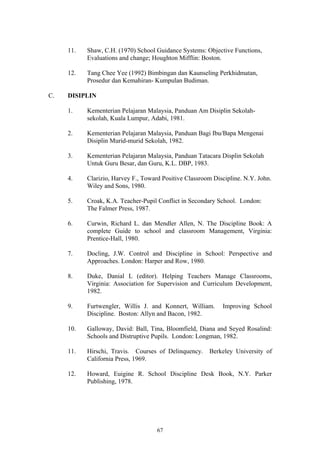 11.   Shaw, C.H. (1970) School Guidance Systems: Objective Functions,
           Evaluations and change; Houghton Mifflin: Boston.

     12.   Tang Chee Yee (1992) Bimbingan dan Kaunseling Perkhidmatan,
           Prosedur dan Kemahiran- Kumpulan Budiman.

C.   DISIPLIN

     1.    Kementerian Pelajaran Malaysia, Panduan Am Disiplin Sekolah-
           sekolah, Kuala Lumpur, Adabi, 1981.

     2.    Kementerian Pelajaran Malaysia, Panduan Bagi Ibu/Bapa Mengenai
           Disiplin Murid-murid Sekolah, 1982.

     3.    Kementerian Pelajaran Malaysia, Panduan Tatacara Displin Sekolah
           Untuk Guru Besar, dan Guru, K.L. DBP, 1983.

     4.    Clarizio, Harvey F., Toward Positive Classroom Discipline. N.Y. John.
           Wiley and Sons, 1980.

     5.    Croak, K.A. Teacher-Pupil Conflict in Secondary School. London:
           The Falmer Press, 1987.

     6.    Curwin, Richard L. dan Mendler Allen, N. The Discipline Book: A
           complete Guide to school and classroom Management, Virginia:
           Prentice-Hall, 1980.

     7.    Docling, J.W. Control and Discipline in School: Perspective and
           Approaches. London: Harper and Row, 1980.

     8.    Duke, Danial L (editor). Helping Teachers Manage Classrooms,
           Virginia: Association for Supervision and Curriculum Development,
           1982.

     9.    Furtwengler, Willis J. and Konnert, William.      Improving School
           Discipline. Boston: Allyn and Bacon, 1982.

     10.   Galloway, David: Ball, Tina, Bloomfield, Diana and Seyed Rosalind:
           Schools and Distruptive Pupils. London: Longman, 1982.

     11.   Hirschi, Travis. Courses of Delinquency.     Berkeley University of
           California Press, 1969.

     12.   Howard, Euigine R. School Discipline Desk Book, N.Y. Parker
           Publishing, 1978.




                                     67
 