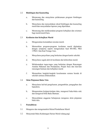 2.2   Bimbingan dan Kaunseling

      a.    Merancang dan menyelaras pelaksanaan program bimbingan
            dan kaunseling.

      b.    Menyelaras dan menyediakan rekod bimbingan dan keunseling
            murid dan menyediakan laporan yang diperlukan.

      c.    Merancang dan melaksanakan program kebajikan dan orientasi
            bagi murid-murid baru.

2.3   Kesihatan dan Kebajikan Murid

      a.    Menguruskan kemudahan rawatan murid.

      b.    Memastikan program-program kesihatan murid dijalankan
            dengan sempurna seperti menguruskan Kad 001/002, PKS
            1/PKS 2 dan Kad Tenaga Asas.

      c.    Menyelaras penyeliaan yang berkaitan dengan kantin sekolah.

      d.    Menyelaras segala aktiviti kesihatan dan kebersihan murid.

      e.    Melaksanakan tugas-tugas yang berkaitan dengan Rancangan
            Amalan Makanan dan Pemakanan, Projek Susu dan lain-lain
            rancangan bantuan dan kebajikan murid.

      f.    Memastikan langkah-langkah keselamatan semasa berada di
            sekolah sentiasa dilaksanakan.

2.4   Skim Pinjaman Buku Teks

      a.    Menyelaras hal-hal pengeluaran, pengambilan, pengagihan dan
            hapuskira.

      b.    Menguruskan kutipan-kutipan data, mengawal buku-buku stok
            dan mengawal bilik Buku Bantuan.

      c.    Menyediakan anggaran belanjawan mengurus skim pinjaman
            buku teks.

3.    Pentadbiran

3.1   Mengurus dan mengemaskini Rekod Pendaftaran Murid

3.2   Menyemak Buku Kedatangan Harian Murid sidang pagi




                               8
 