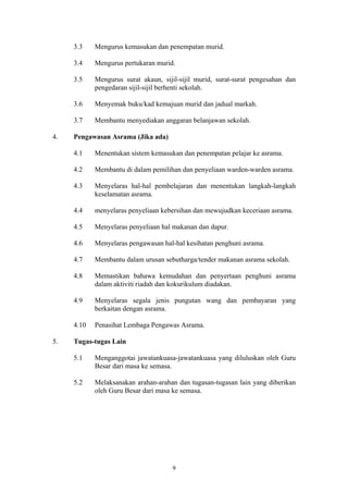 3.3    Mengurus kemasukan dan penempatan murid.

     3.4    Mengurus pertukaran murid.

     3.5    Mengurus surat akaun, sijil-sijil murid, surat-surat pengesahan dan
            pengedaran sijil-sijil berhenti sekolah.

     3.6    Menyemak buku/kad kemajuan murid dan jadual markah.

     3.7    Membantu menyediakan anggaran belanjawan sekolah.

4.   Pengawasan Asrama (Jika ada)

     4.1    Menentukan sistem kemasukan dan penempatan pelajar ke asrama.

     4.2    Membantu di dalam pemilihan dan penyeliaan warden-warden asrama.

     4.3    Menyelaras hal-hal pembelajaran dan menentukan langkah-langkah
            keselamatan asrama.

     4.4    menyelaras penyeliaan kebersihan dan mewujudkan keceriaan asrama.

     4.5    Menyelaras penyeliaan hal makanan dan dapur.

     4.6    Menyelaras pengawasan hal-hal kesihatan penghuni asrama.

     4.7    Membantu dalam urusan sebutharga/tender makanan asrama sekolah.

     4.8    Memastikan bahawa kemudahan dan penyertaan penghuni asrama
            dalam aktiviti riadah dan kokurikulum diadakan.

     4.9    Menyelaras segala jenis pungutan wang dan pembayaran yang
            berkaitan dengan asrama.

     4.10   Penasihat Lembaga Pengawas Asrama.

5.   Tugas-tugas Lain

     5.1    Menganggotai jawatankuasa-jawatankuasa yang diluluskan oleh Guru
            Besar dari masa ke semasa.

     5.2    Melaksanakan arahan-arahan dan tugasan-tugasan lain yang diberikan
            oleh Guru Besar dari masa ke semasa.




                                     9
 