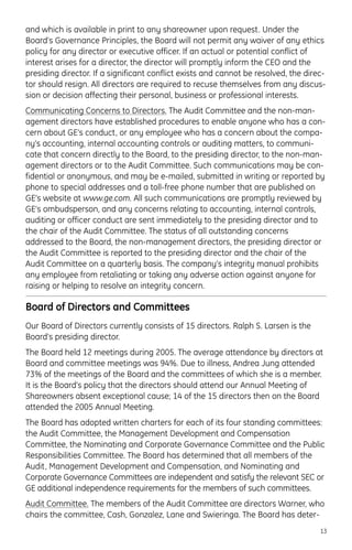 and which is available in print to any shareowner upon request. Under the
Board’s Governance Principles, the Board will not permit any waiver of any ethics
policy for any director or executive officer. If an actual or potential conflict of
interest arises for a director, the director will promptly inform the CEO and the
presiding director. If a significant conflict exists and cannot be resolved, the direc-
tor should resign. All directors are required to recuse themselves from any discus-
sion or decision affecting their personal, business or professional interests.
Communicating Concerns to Directors. The Audit Committee and the non-man-
agement directors have established procedures to enable anyone who has a con-
cern about GE’s conduct, or any employee who has a concern about the compa-
ny’s accounting, internal accounting controls or auditing matters, to communi-
cate that concern directly to the Board, to the presiding director, to the non-man-
agement directors or to the Audit Committee. Such communications may be con-
fidential or anonymous, and may be e-mailed, submitted in writing or reported by
phone to special addresses and a toll-free phone number that are published on
GE’s website at www.ge.com. All such communications are promptly reviewed by
GE’s ombudsperson, and any concerns relating to accounting, internal controls,
auditing or officer conduct are sent immediately to the presiding director and to
the chair of the Audit Committee. The status of all outstanding concerns
addressed to the Board, the non-management directors, the presiding director or
the Audit Committee is reported to the presiding director and the chair of the
Audit Committee on a quarterly basis. The company’s integrity manual prohibits
any employee from retaliating or taking any adverse action against anyone for
raising or helping to resolve an integrity concern.
Board of Directors and Committees
Our Board of Directors currently consists of 15 directors. Ralph S. Larsen is the
Board’s presiding director.
The Board held 12 meetings during 2005. The average attendance by directors at
Board and committee meetings was 94%. Due to illness, Andrea Jung attended
73% of the meetings of the Board and the committees of which she is a member.
It is the Board’s policy that the directors should attend our Annual Meeting of
Shareowners absent exceptional cause; 14 of the 15 directors then on the Board
attended the 2005 Annual Meeting.
The Board has adopted written charters for each of its four standing committees:
the Audit Committee, the Management Development and Compensation
Committee, the Nominating and Corporate Governance Committee and the Public
Responsibilities Committee. The Board has determined that all members of the
Audit, Management Development and Compensation, and Nominating and
Corporate Governance Committees are independent and satisfy the relevant SEC or
GE additional independence requirements for the members of such committees.
Audit Committee. The members of the Audit Committee are directors Warner, who
chairs the committee, Cash, Gonzalez, Lane and Swieringa. The Board has deter-
13
 
