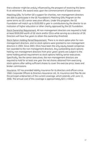 that a director might be unduly influenced by the prospect of receiving this bene-
fit at retirement, the award vests upon the commencement of board service.
Matching Gifts. To further GE’s support for charities, non-management directors
are able to participate in the GE Foundation’s Matching Gifts Program on the
same terms as GE’s senior executive officers. Under this program, the GE
Foundation will match up to $100,000 a year in contributions by the director to an
institution of higher education or other charity approved by the GE Foundation.
Stock Ownership Requirement. All non-management directors are required to hold
at least $500,000 worth of GE stock and/or DSUs while serving as a director of GE.
Directors will have five years to attain this ownership threshold.
Stock Option Holding Period Requirement. There is no stock option plan for non-
management directors, and no stock options were granted to non-management
directors in 2005. Since 2003, DSUs have been the only equity-based compensa-
tion awarded to the non-management directors. Any outstanding stock options
held by non-management directors from prior years’ grants are subject to the
same holding period requirement as stock options held by senior executives.
Specifically, like the senior executives, the non-management directors are
required to hold for at least one year the net shares obtained from exercising
stock options after selling sufficient shares to cover the exercise price, taxes and
broker commissions.
Insurance. GE has provided liability insurance for its directors and officers since
1968. Corporate Officers & Directors Assurance Ltd., XL Insurance and Max Re are
the principal underwriters of the current coverage, which extends until June 11,
2006. The annual cost of this coverage is approximately $22.1 million.
17
 