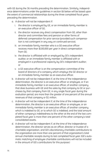 with GE during the 36 months preceding the determination. Similarly, independ-
ence determinations under the guidelines in section (b) below will be based upon
the extent of commercial relationships during the three completed fiscal years
preceding the determination.
a. A director will not be independent if:
i. the director is employed by GE, or an immediate family member is
an executive officer of GE;
ii. the director receives any direct compensation from GE, other than
director and committee fees and pension or other forms of
deferred compensation for prior service (provided such compensa-
tion is not contingent in any way on continued service);
iii. an immediate family member who is a GE executive officer
receives more than $100,000 per year in direct compensation
from GE;
iv. the director is affiliated with or employed by GE’s independent
auditor, or an immediate family member is affiliated with or
employed in a professional capacity by GE’s independent auditor;
or
v. a GE executive officer is on the compensation committee of the
board of directors of a company which employs the GE director or
an immediate family member as an executive officer.
b. A director will not be independent if, at the time of the independence
determination, the director is an executive officer or employee, or if an
immediate family member is an executive officer, of another company
that does business with GE and the sales by that company to GE or pur-
chases by that company from GE, in any single fiscal year during the
evaluation period, are more than the greater of one percent of the annual
revenues of that company or $1 million.
c. A director will not be independent if, at the time of the independence
determination, the director is an executive officer or employee, or an
immediate family member is an executive officer, of another company
which is indebted to GE, or to which GE is indebted, and the total amount
of either company’s indebtedness to the other at the end of the last com-
pleted fiscal year is more than one percent of the other company’s total
consolidated assets.
d. A director will not be independent if, at the time of the independence
determination, the director serves as an officer, director or trustee of a
charitable organization, and GE’s discretionary charitable contributions to
the organization are more than one percent of that organization’s total
annual charitable receipts during its last completed fiscal year. (GE’s auto-
matic matching of employee charitable contributions will not be included
in the amount of GE’s contributions for this purpose.)
56
 
