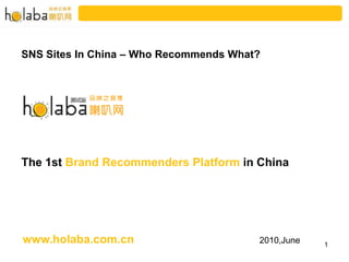 SNS Sites In China – Who Recommends What?




The 1st Brand Recommenders Platform in China




www.holaba.com.cn                       2010,June   1
 
