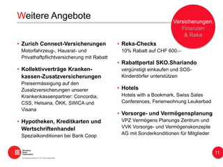 Weitere Angebote
• Zurich Connect-Versicherungen
Motorfahrzeug-, Hausrat- und
Privathaftpflichtversicherung mit Rabatt
• Kollektivverträge Kranken-
kassen-Zusatzversicherungen
Preisermässigung auf den
Zusatzversicherungen unserer
Krankenkassenpartner: Concordia,
CSS, Helsana, ÖKK, SWICA und
Visana
• Hypotheken, Kreditkarten und
Wertschriftenhandel
Spezialkonditionen bei Bank Coop
• Reka-Checks
10% Rabatt auf CHF 600.–
• Rabattportal SKO.Shariando
vergünstigt einkaufen und SOS-
Kinderdörfer unterstützen
• Hotels
Hotels with a Bookmark, Swiss Sales
Conferences, Ferienwohnung Leukerbad
• Vorsorge- und Vermögensplanung
VPZ Vermögens Planungs Zentrum und
VVK Vorsorge- und Vermögenskonzepte
AG mit Sonderkonditionen für Mitglieder
11
Versicherungen.
Finanzen
& Reka
 