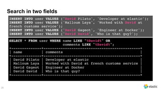Search in two fields
SELECT * FROM user WHERE name LIKE "%David%" OR
comments LIKE "%David%";
+--------------+---------------------------------------------+
| name | comments |
+--------------+---------------------------------------------+
| David Pilato | Developer at elastic |
| Malloum Laya | Worked with David at french customs service |
| David Gageot | Engineer at Docker |
| David David | Who is that guy? |
+--------------+---------------------------------------------+
INSERT INTO user VALUES ('David Pilato', 'Developer at elastic');
INSERT INTO user VALUES ('Malloum Laya', 'Worked with David at
french customs service');
INSERT INTO user VALUES ('David Gageot', 'Engineer at Docker');
INSERT INTO user VALUES ('David David', 'Who is that guy?');
20
 