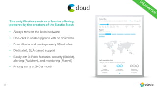 37
The only Elasticsearch as a Service offering
powered by the creators of the Elastic Stack
• Always runs on the latest software
• One-click to scale/upgrade with no downtime
• Free Kibana and backups every 30 minutes
• Dedicated, SLA-based support
• Easily add X-Pack features: security (Shield),
alerting (Watcher), and monitoring (Marvel)
• Pricing starts at $45 a month
infom
ercial
 