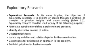 Exploratory Research
• Exploratory Research: As its name implies, the objective of
exploratory research is to explore or search through a problem or
situation to provide insights and understanding (Table 3.2).
Exploratory research could be used for any of the following purposes:
• Formulate a problem or define a problem more precisely.
• Identify alternative courses of action.
• Develop hypotheses.
• Isolate key variables and relationships for further examination.
• Gain insights for developing an approach to the problem.
• Establish priorities for further research.
 