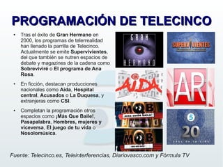 PROGRAMACIÓN DE TELECINCO
 ●   Tras el éxito de Gran Hermano en
     2000, los programas de telerrealidad
     han llenado la parrilla de Telecinco.
     Actualmente se emite Supervivientes,
     del que también se nutren espacios de
     debate y magazines de la cadena como
     Sobreviviré o El programa de Ana
     Rosa.
 ●   En ficción, destacan producciones
     nacionales como Aída, Hospital
     central, Acusados o La Duquesa, y
     extranjeras como CSI.
 ●   Completan la programación otros
     espacios como ¡Más Que Baile!,
     Pasapalabra, Hombres, mujeres y
     viceversa, El juego de tu vida o
     Nosolomúsica.



Fuente: Telecinco.es, Teleinterferencias, Diariovasco.com y Fórmula TV
 