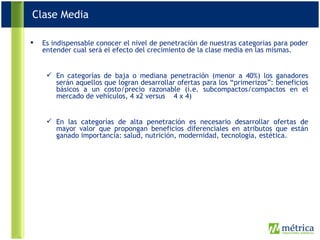 Es indispensable conocer el nivel de penetración de nuestras categorías para poder entender cual será el efecto del crecimiento de la clase media en las mismas. En categorías de baja o mediana penetración (menor a 40%) los ganadores serán aquellos que logran desarrollar ofertas para los “primerizos”: beneficios básicos a un costo/precio razonable (i.e. subcompactos/compactos en el mercado de vehículos, 4 x2 versus  4 x 4) En las categorías de alta penetración es necesario desarrollar ofertas de mayor valor que propongan beneficios diferenciales en atributos que están ganado importancia: salud, nutrición, modernidad, tecnología, estética. Clase Media 