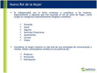 Es indispensable por lo tanto comenzar a considerar a las mujeres, especialmente a aquellas que han asumido el rol de jefes de hogar, como target en categorías tradicionalmente dirigidas a hombres: Fuente: Diario Gestión Considerar el target mujeres va más allá de una estrategia de comunicación y medios. Deben contemplarse cambios en las políticas de: Producto Promoción Distribución Vivienda Salud Seguros Servicios Financieros Automóviles Licores Viajes Nuevo Rol de la Mujer 