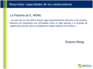 … en este eje es muy difícil ofrecer algo sustantivamente diferente a los clientes. Nosotros los intentamos con actividades como el valet parking y la lustrada de zapatos de cortesía, pero la competencia puede copiarte en 24 horas…” Desarrollar capacidades de los colaboradores La Filosofía de E. WONG Erasmo   Wong 