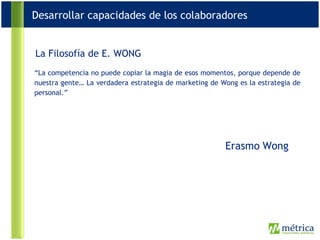 “ La competencia no puede copiar la magia de esos momentos, porque depende de nuestra gente… La verdadera estrategia de marketing de Wong es la estrategia de personal.” La Filosofía de E. WONG Erasmo   Wong Desarrollar capacidades de los colaboradores 